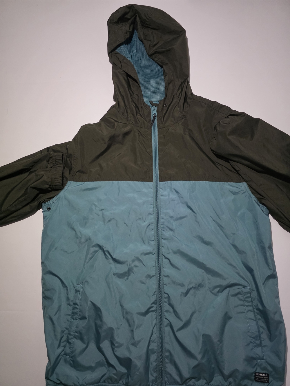 O'Neill Two-Tone Hooded Rain Jacket in Olive & Teal